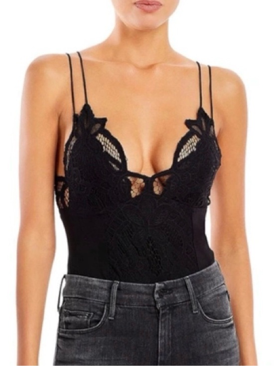 Free People Tops - Free People Black Lace Bodysuit Tank Top with Double Spaghetti Straps NWT